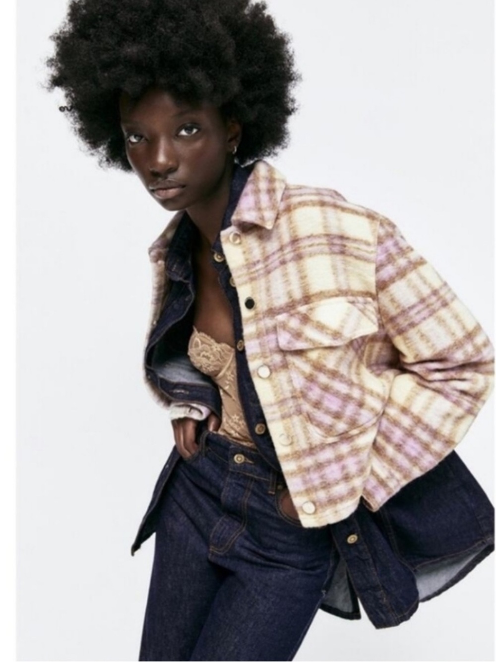 Zara Purple and Cream Cropped Jacket Plaid